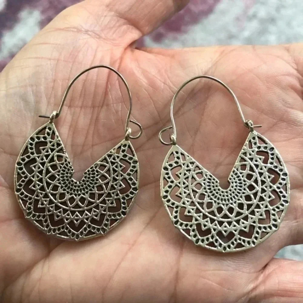 Ethnic Filigree Hoop Silver Drop Earrings NWT